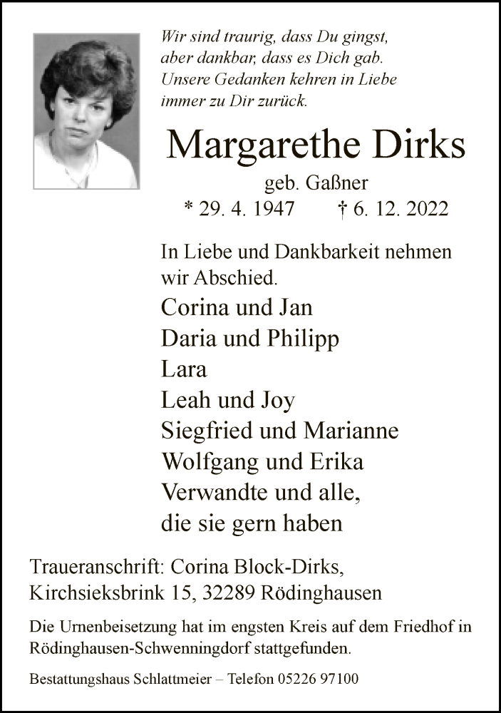  Traueranzeige für Margarethe Dirks vom 17.12.2022 aus Neue Westfälische