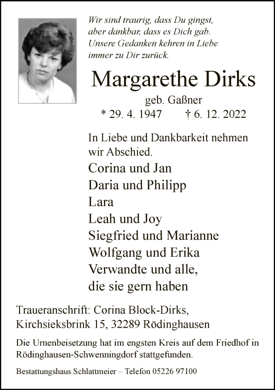 Traueranzeige von Margarethe Dirks von Neue Westfälische