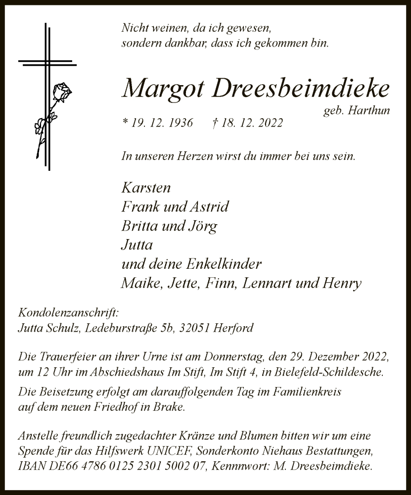  Traueranzeige für Margot Dreesbeimdieke vom 22.12.2022 aus Neue Westfälische