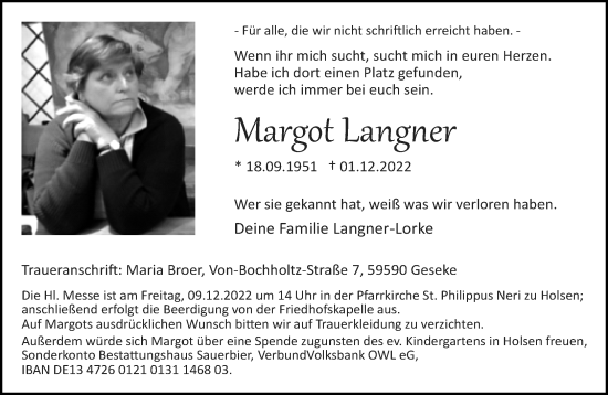 Traueranzeige von Margot Langner von Neue Westfälische
