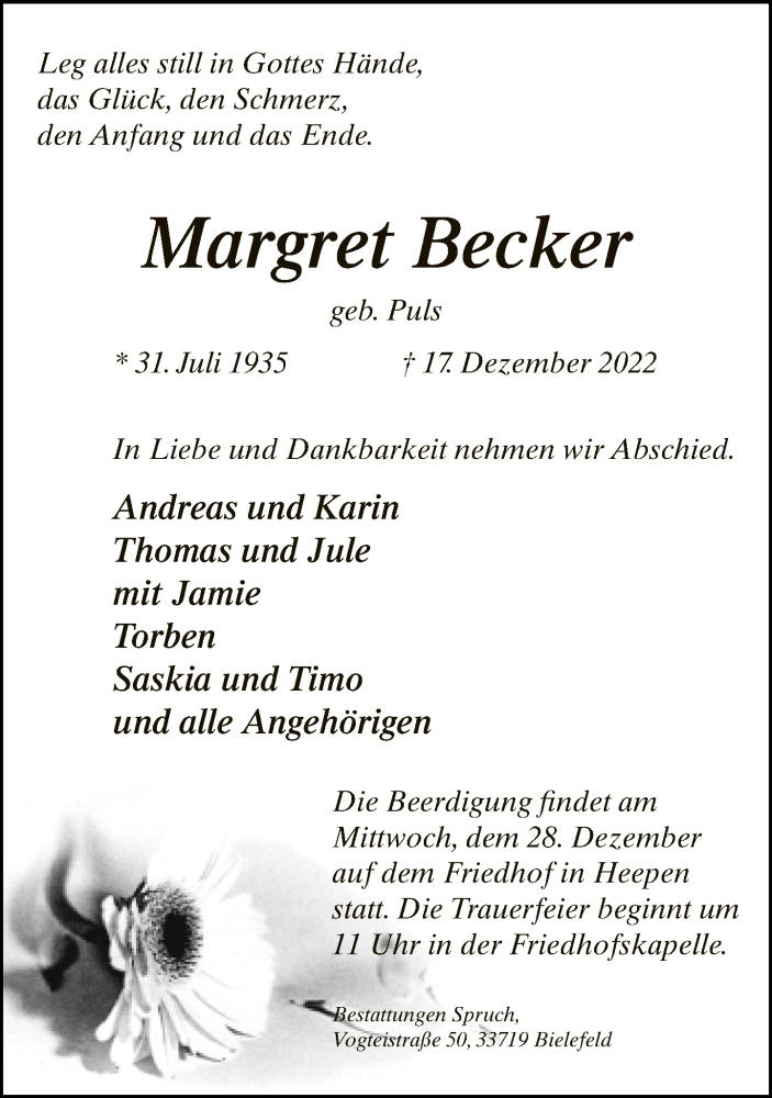  Traueranzeige für Margret Becker vom 21.12.2022 aus Neue Westfälische