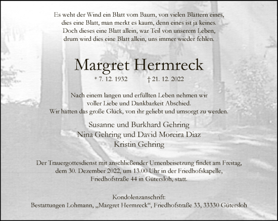 Traueranzeige von Margret Hermreck von Neue Westfälische