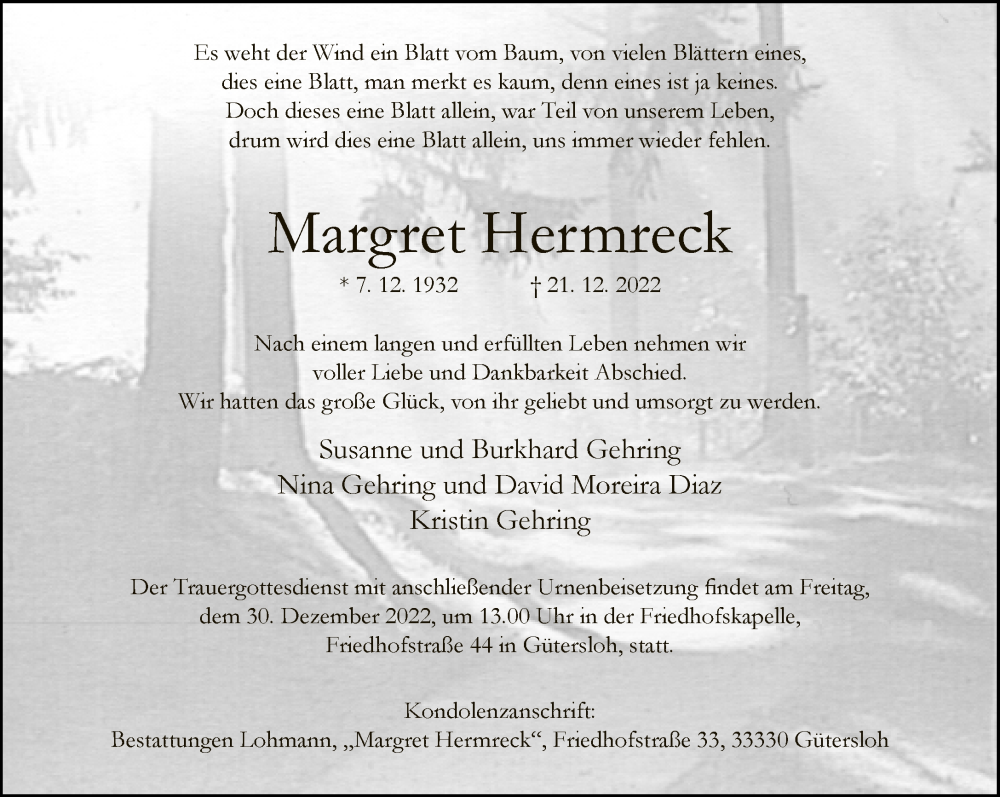 Traueranzeige für Margret Hermreck vom 24.12.2022 aus Neue Westfälische