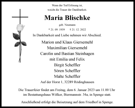 Traueranzeige von Maria Blischke von Neue Westfälische