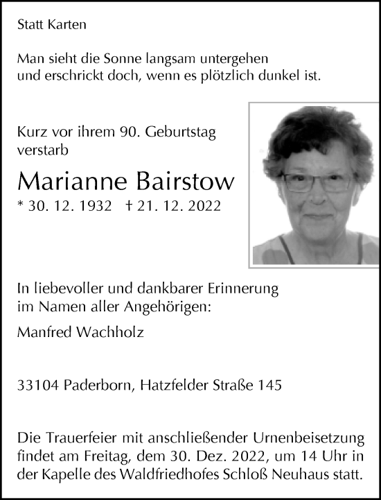 Traueranzeige von Marianne Bairstow von Neue Westfälische