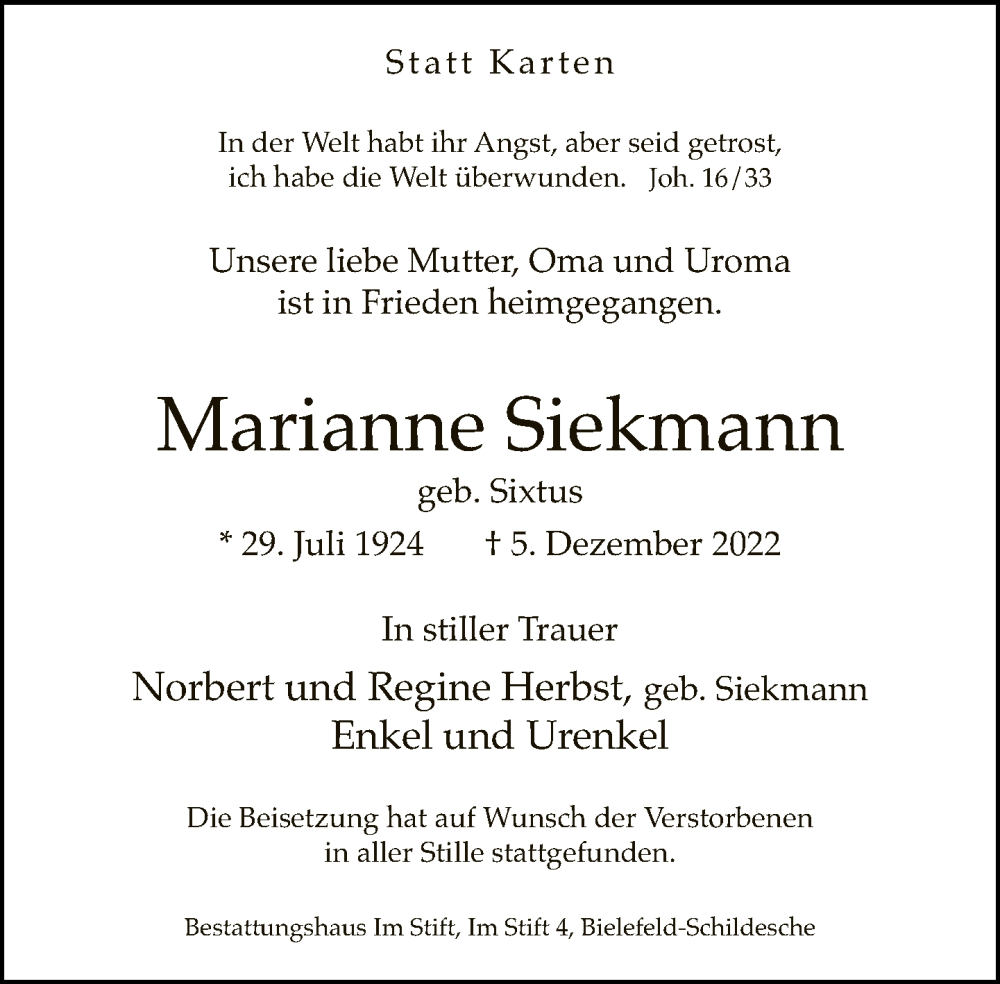  Traueranzeige für Marianne Siekmann vom 24.12.2022 aus Neue Westfälische