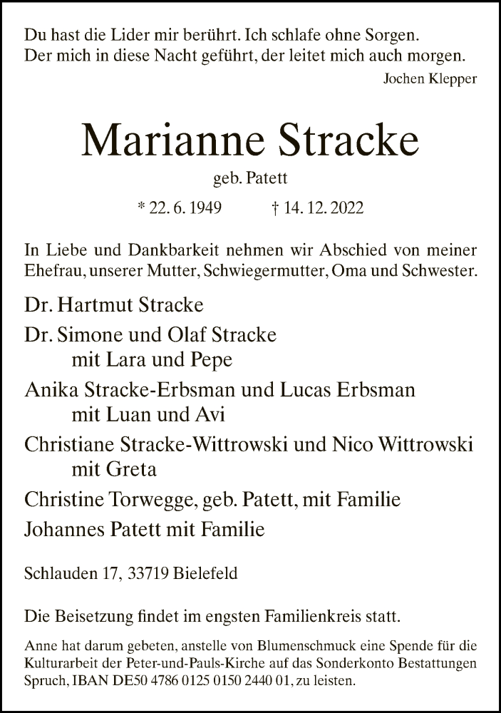  Traueranzeige für Marianne Stracke vom 21.12.2022 aus Neue Westfälische