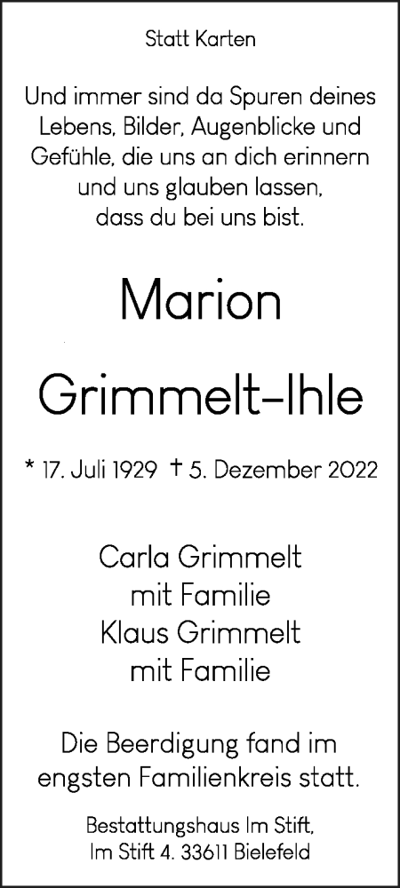  Traueranzeige für Marion Grimmelt-Ihle vom 17.12.2022 aus Neue Westfälische