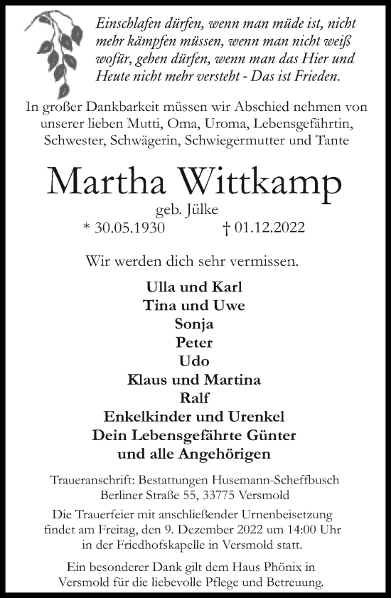 Traueranzeige von Martha Wittkamp von Neue Westfälische