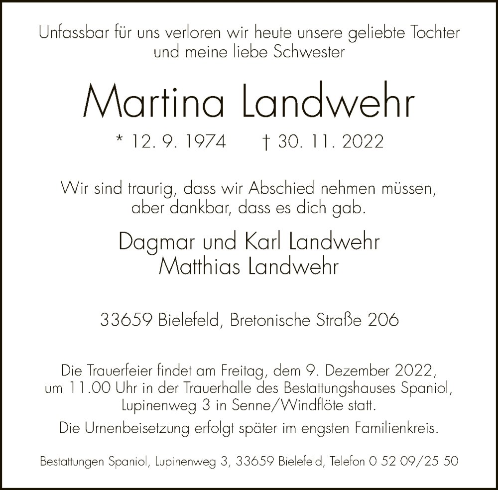  Traueranzeige für Martina Landwehr vom 03.12.2022 aus Neue Westfälische