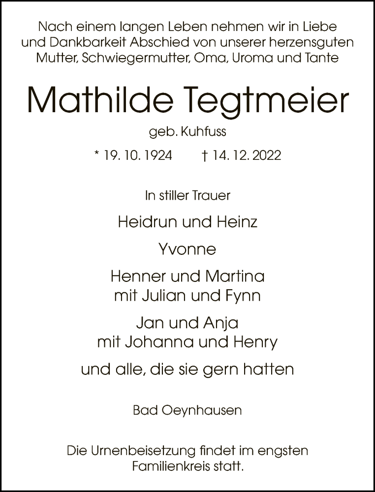  Traueranzeige für Mathilde Tegtmeier vom 17.12.2022 aus Neue Westfälische