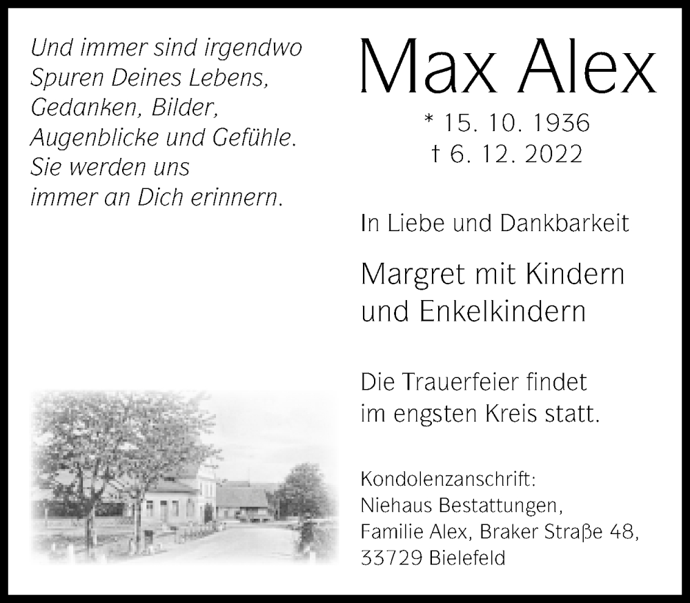  Traueranzeige für Max Alex vom 10.12.2022 aus Neue Westfälische