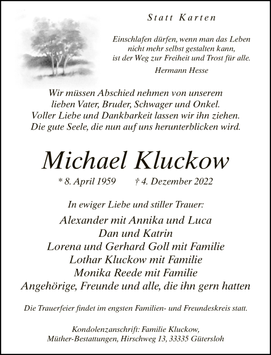 Traueranzeige von Michael Kluckow von Neue Westfälische
