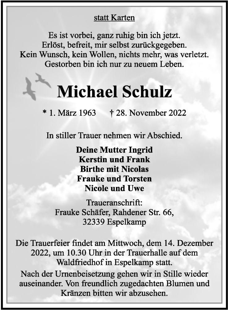  Traueranzeige für Michael Schulz vom 03.12.2022 aus Neue Westfälische