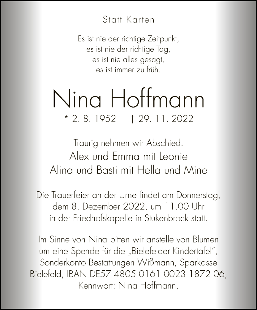  Traueranzeige für Nina Hoffmann vom 03.12.2022 aus Neue Westfälische