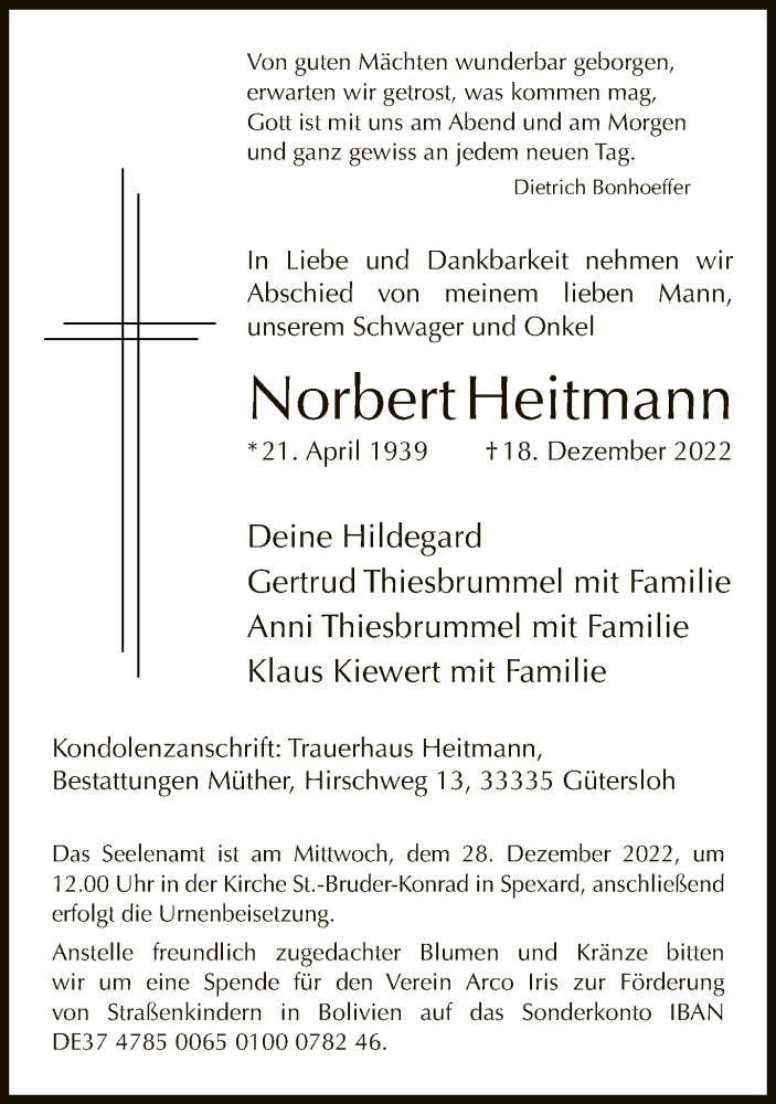  Traueranzeige für Norbert Heitmann vom 23.12.2022 aus Neue Westfälische