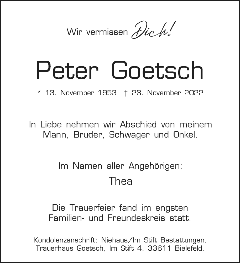  Traueranzeige für Peter Goetsch vom 10.12.2022 aus Neue Westfälische