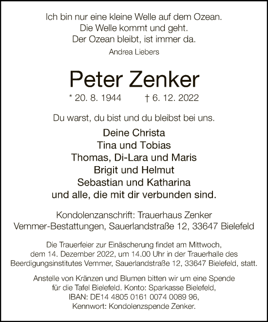 Traueranzeige von Peter Zenker von Neue Westfälische