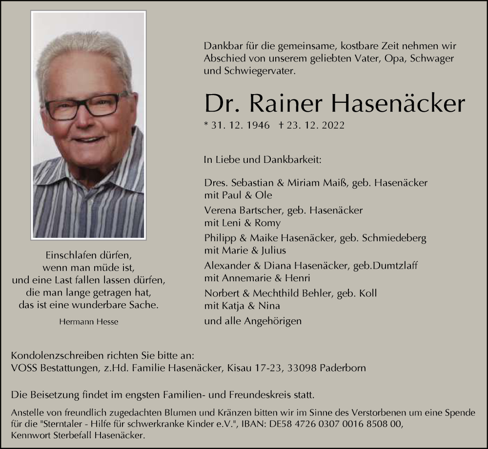  Traueranzeige für Rainer Hasenäcker vom 31.12.2022 aus Neue Westfälische