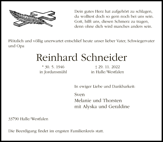 Traueranzeige von Reinhard Schneider von Neue Westfälische