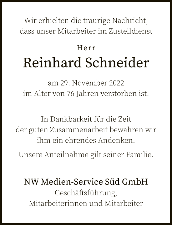 Traueranzeige von Reinhard Schneider von Neue Westfälische