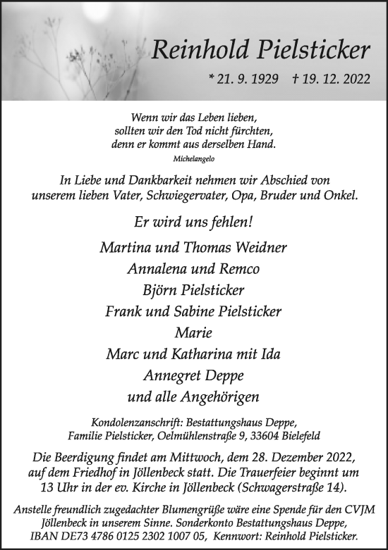 Traueranzeige von Reinhold Pielsticker von Neue Westfälische
