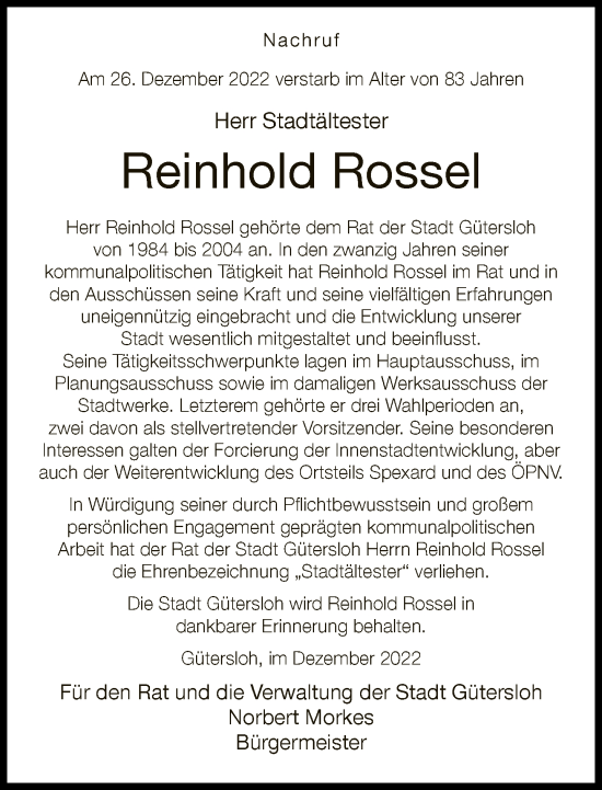 Traueranzeige von Reinhold Rossel