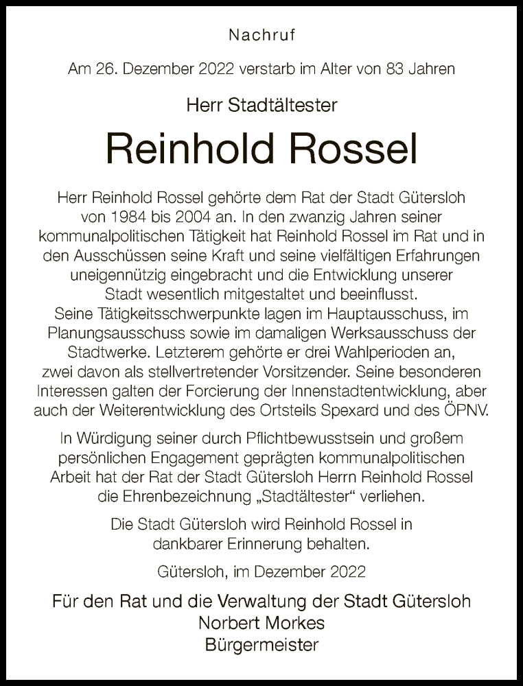  Traueranzeige für Reinhold Rossel vom 31.12.2022 aus Neue Westfälische