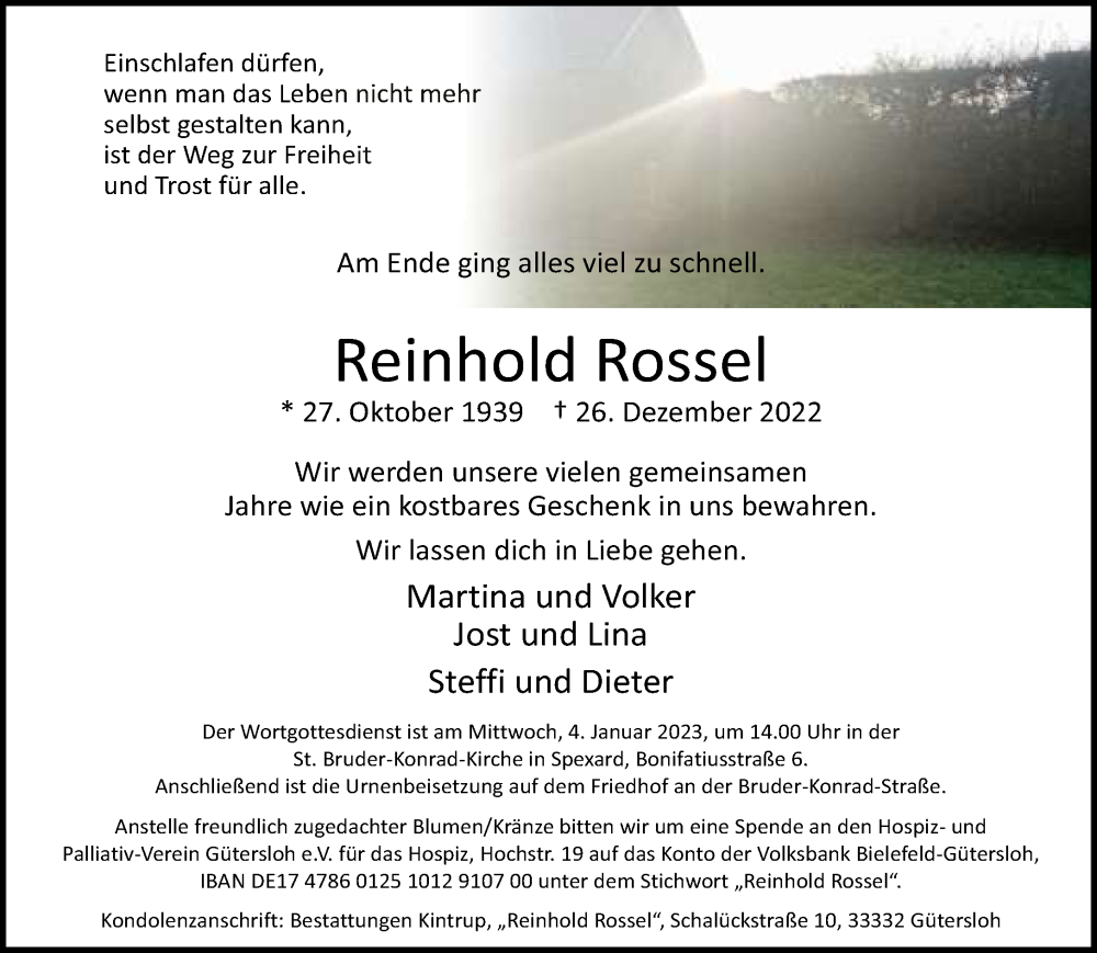  Traueranzeige für Reinhold Rossel vom 29.12.2022 aus Neue Westfälische