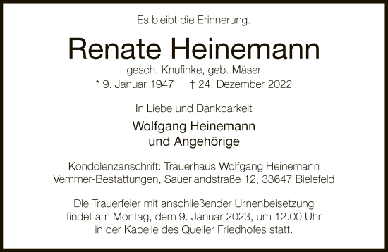 Traueranzeige von Renate Heinemann von Neue Westfälische
