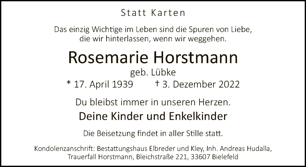  Traueranzeige für Rosemarie Horstmann vom 10.12.2022 aus Neue Westfälische
