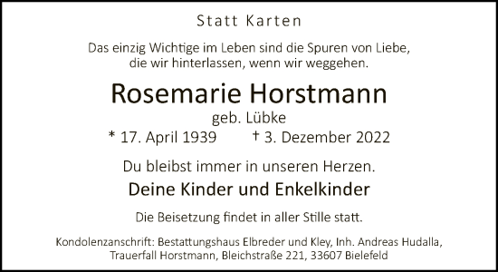 Traueranzeige von Rosemarie Horstmann von Neue Westfälische