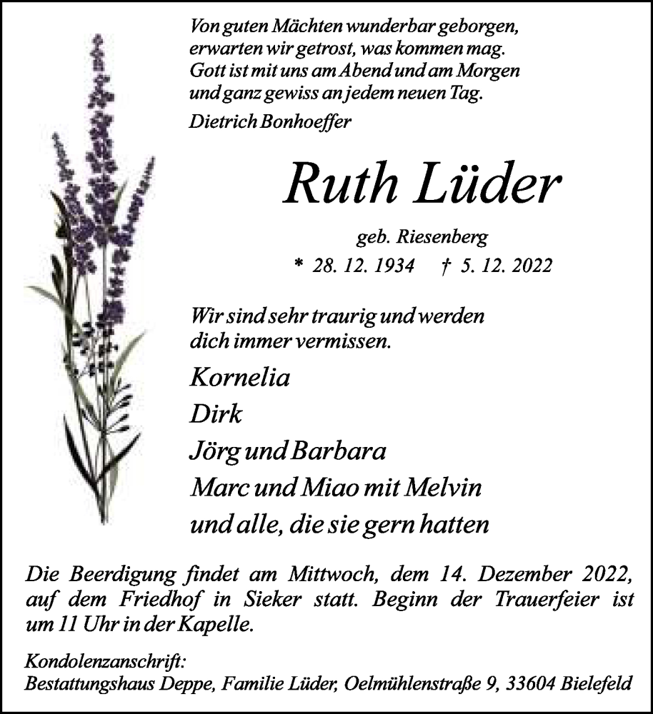  Traueranzeige für Ruth Lüder vom 10.12.2022 aus Neue Westfälische