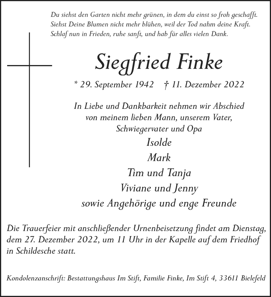  Traueranzeige für Siegfried Finke vom 17.12.2022 aus Neue Westfälische