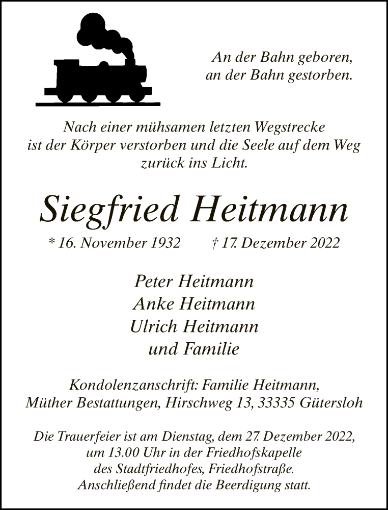  Traueranzeige für Siegfried Heitmann vom 21.12.2022 aus Neue Westfälische