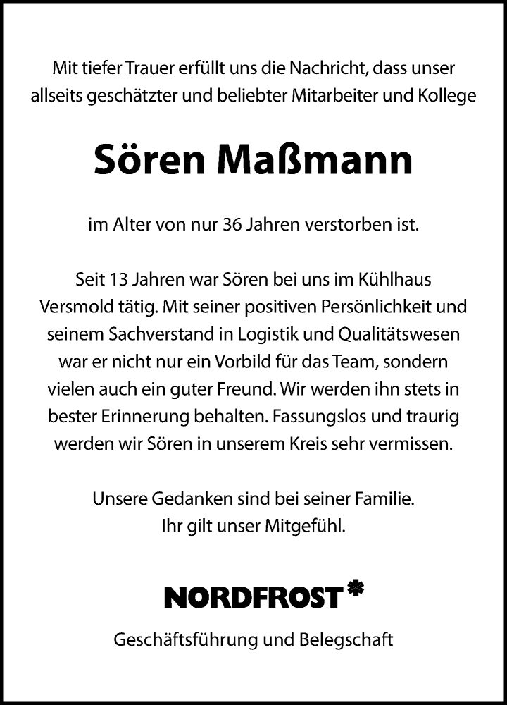  Traueranzeige für Sören Maßmann vom 03.12.2022 aus Neue Westfälische