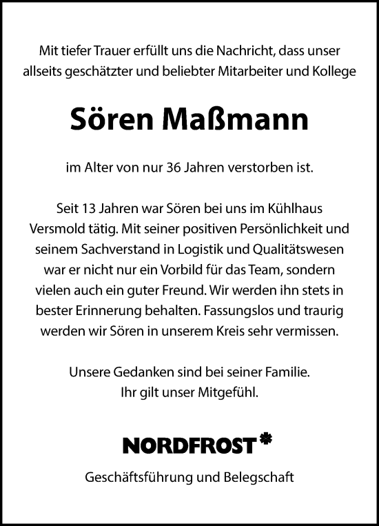 Traueranzeige von Sören Maßmann von Neue Westfälische