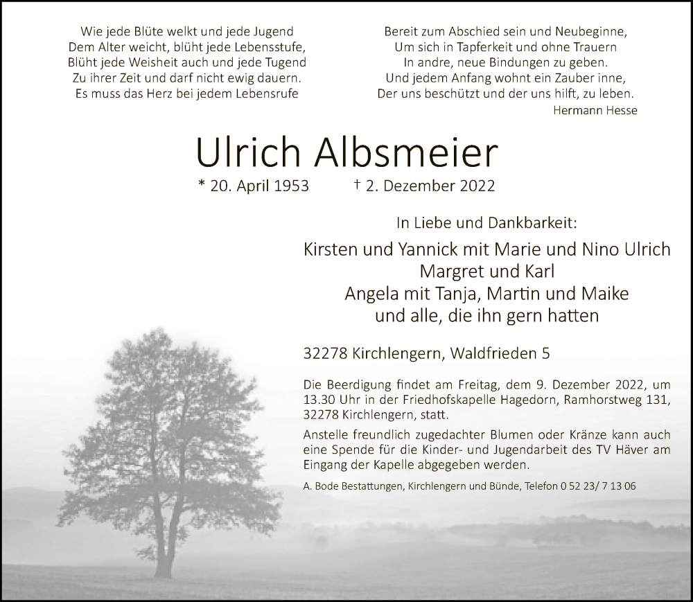  Traueranzeige für Ulrich Albsmeier vom 06.12.2022 aus Neue Westfälische