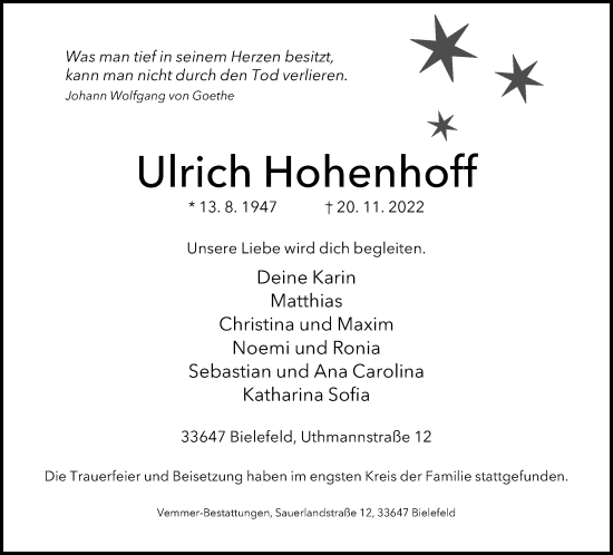 Traueranzeige von Ulrich Hohenhoff von Neue Westfälische