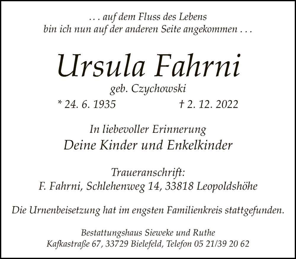  Traueranzeige für Ursula Fahrni vom 28.12.2022 aus Neue Westfälische