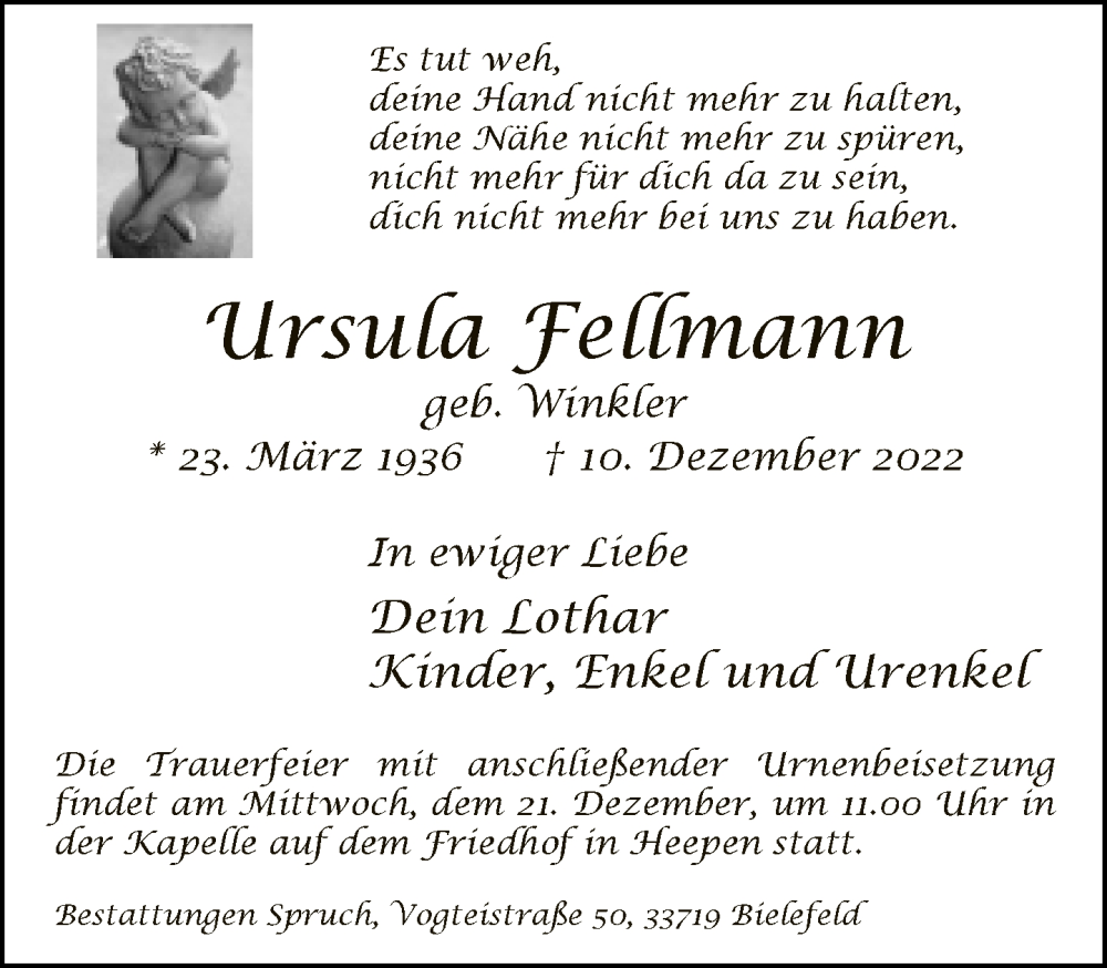  Traueranzeige für Ursula Fellmann vom 17.12.2022 aus Neue Westfälische