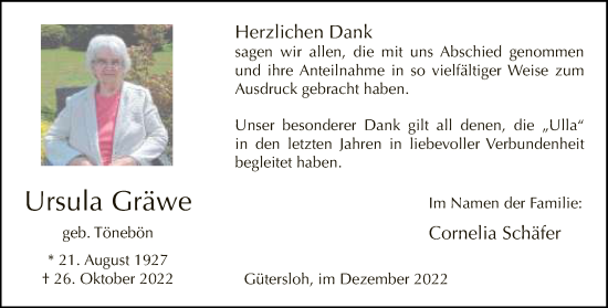 Traueranzeige von Ursula Gräwe von Neue Westfälische