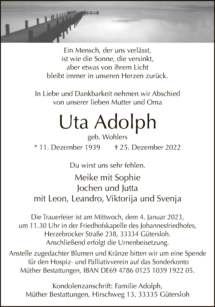  Traueranzeige für Uta Adolph vom 31.12.2022 aus Neue Westfälische