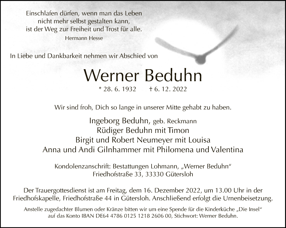  Traueranzeige für Werner Beduhn vom 10.12.2022 aus Neue Westfälische
