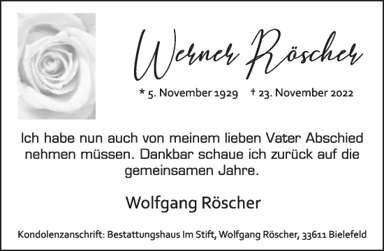 Traueranzeige von Werner Röscher von Neue Westfälische