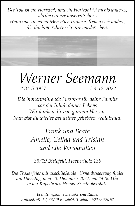 Traueranzeige von Werner Seemann von Neue Westfälische
