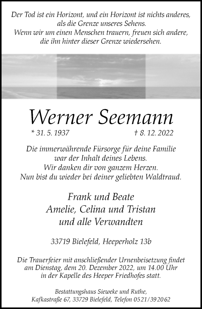  Traueranzeige für Werner Seemann vom 17.12.2022 aus Neue Westfälische