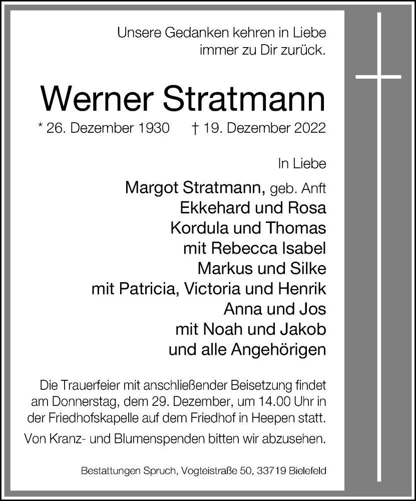  Traueranzeige für Werner Stratmann vom 24.12.2022 aus Neue Westfälische