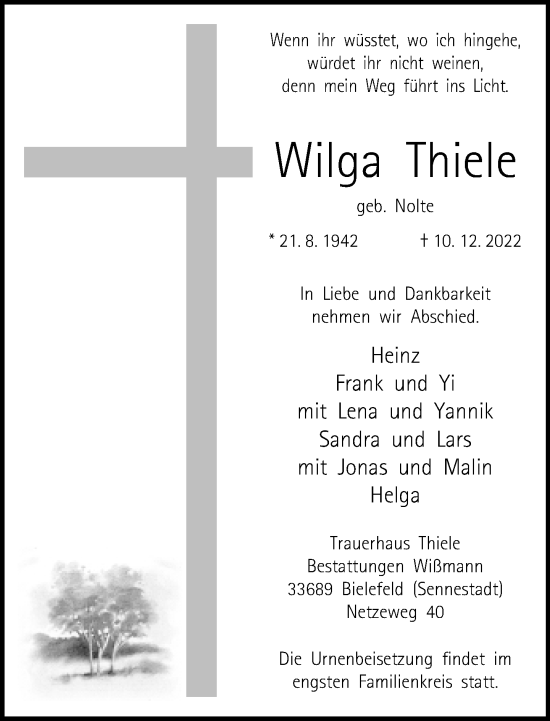 Traueranzeige von Wilga Thiele von Neue Westfälische