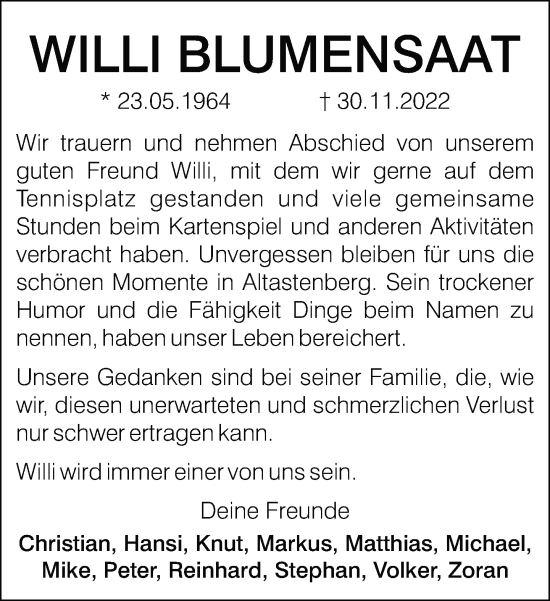 Traueranzeige von Willi Blumensaat von Neue Westfälische
